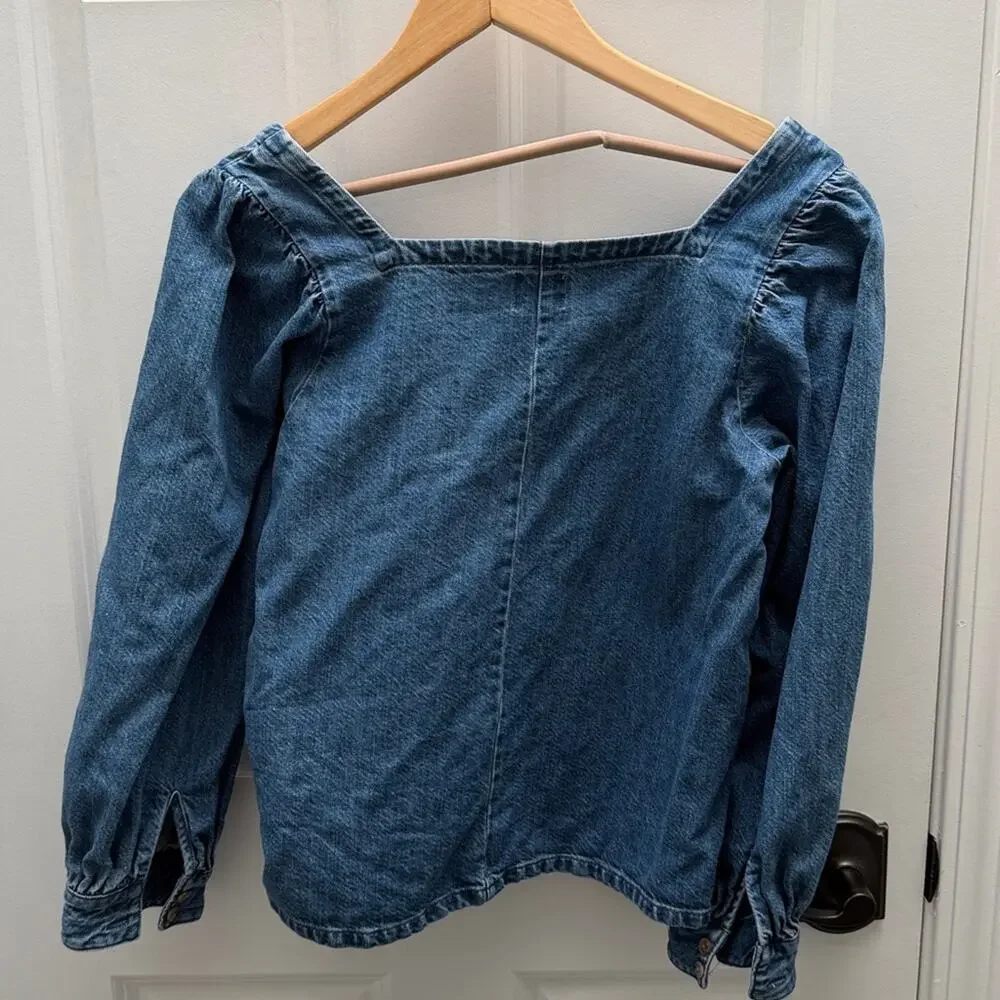 J. Crew Medium Blue Denim Square-Neck 3/4 Sleeve Blouse Size M
